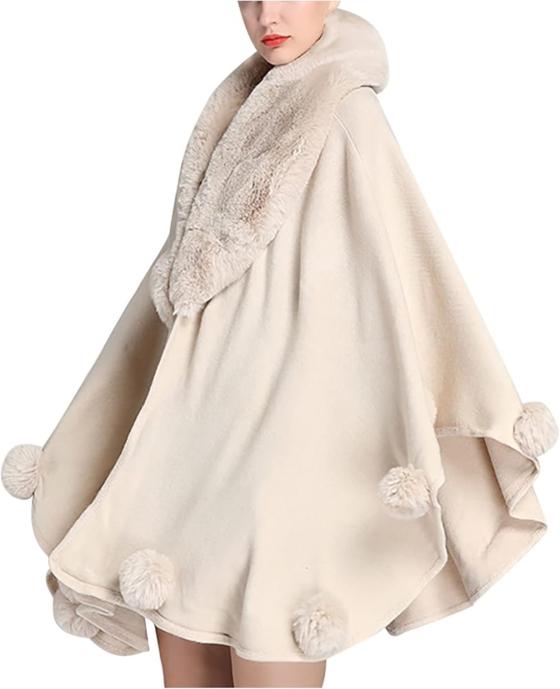 XUNRYAN Women's Faux-Shearling Cloak Fashion Faux Fur Shawl Collar