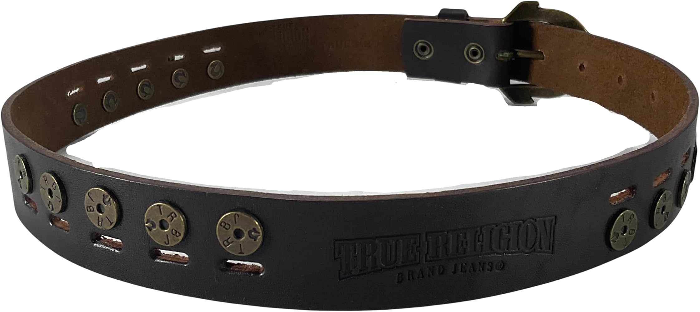 True Religion Womens Jeans Leather Belt Brown Studded Embossed