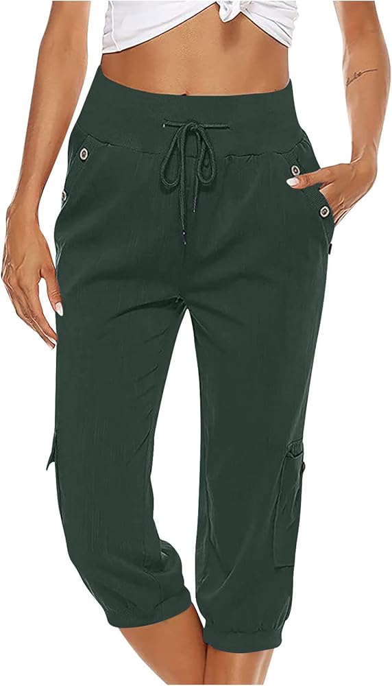 Drawstring Waist Stretchy Capri Pants for Women Solid Casual