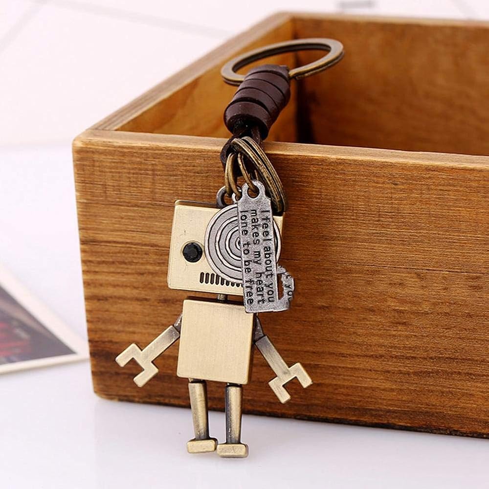 HEEPDD Vintage Key Chain, Metal Robot Leather Hand Woven Key Rings