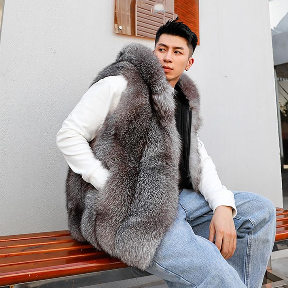 Denny&Dora Men's Fox Fur Vest Sleeveless Winter Jacket -Hooded Fur