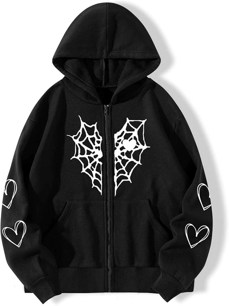 Kelabia Gothic Spider Web Graphic Hoodies Grunge Y2K Skeleton Zip