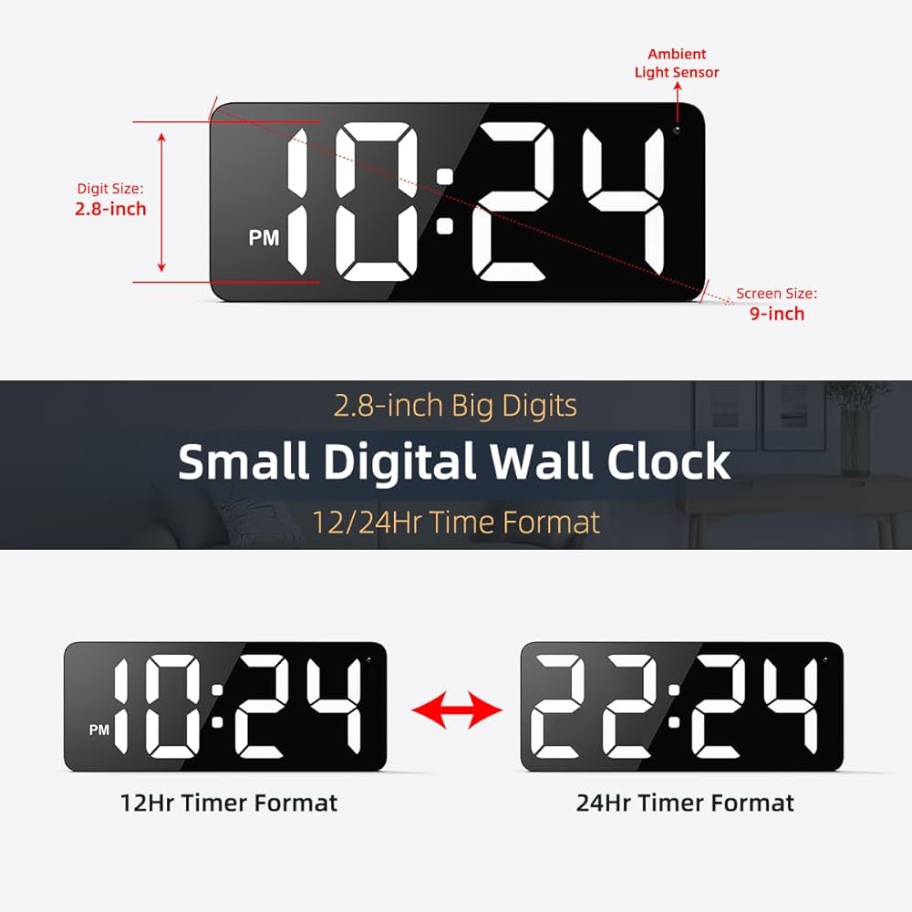 LED Digital Wall Clock with Large Display, Big Digits, Auto
