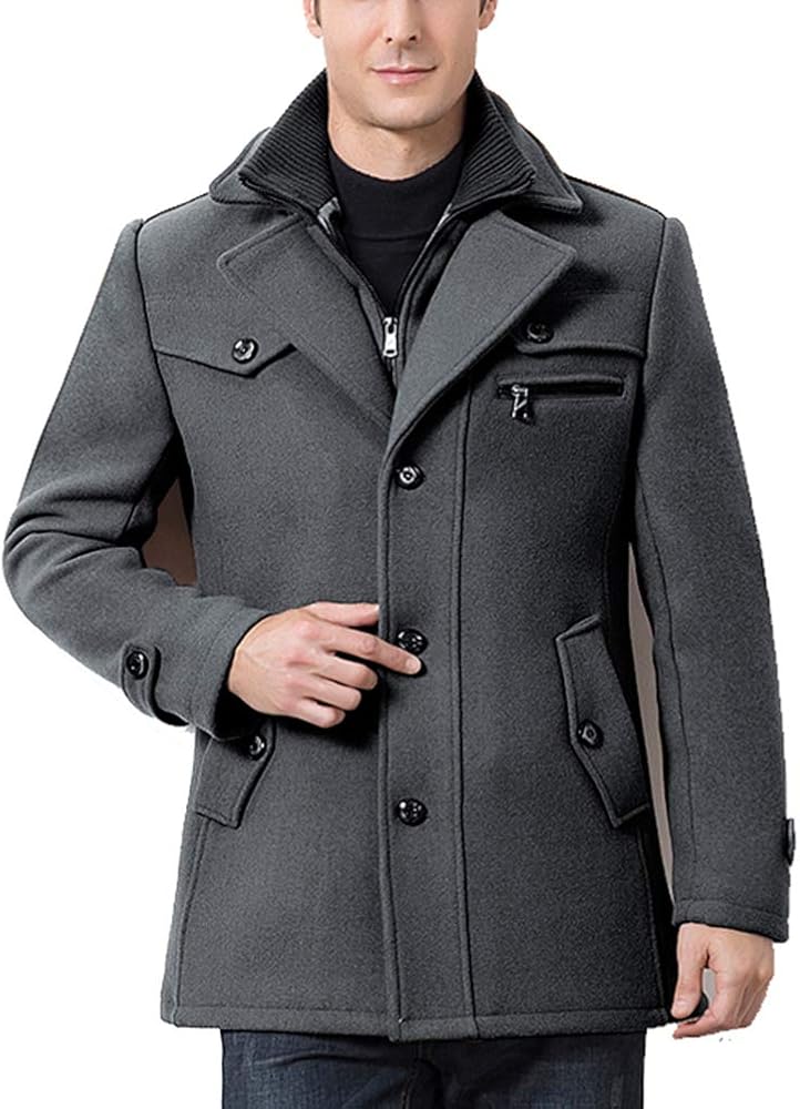 FTCayanz Men's Wool Coat Winter Slim Fit Pea Coats Single Breasted