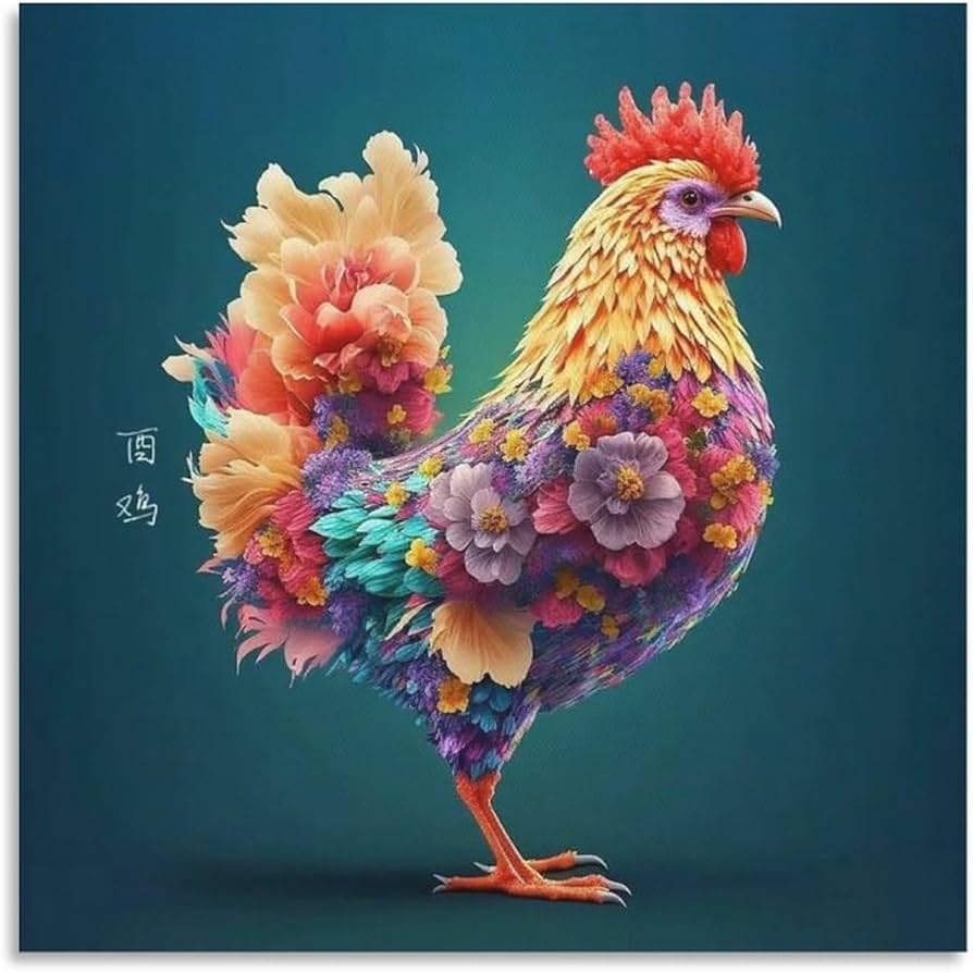Amazon｜絵画 花で作られたカラフルな鶏インテリア 絵画 カラフルな