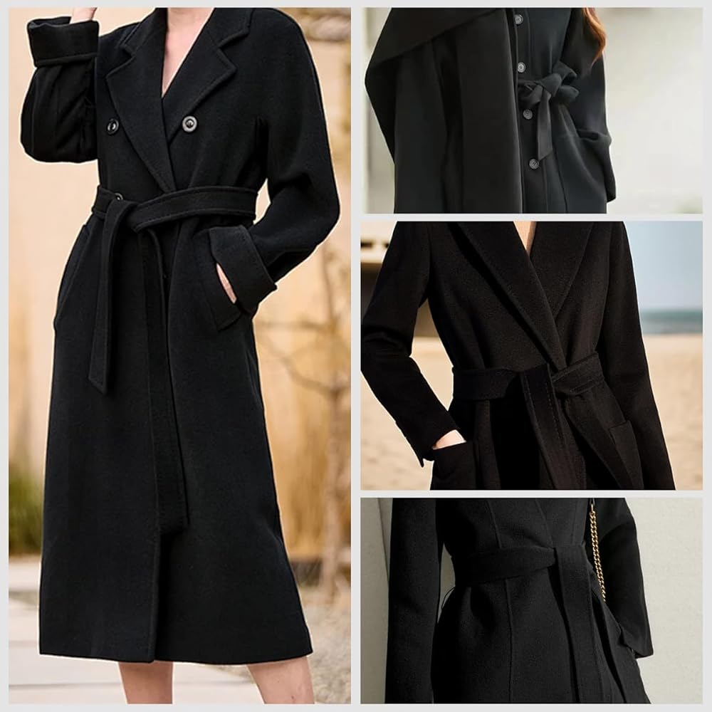 Happyupcity 175 CM Length Womens Black Wide Felt Overcoat Waist
