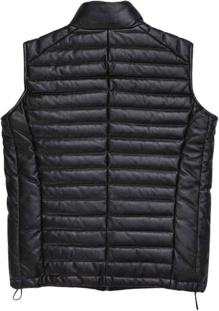Men's Down Puffer Lamb Leather Vest, Quilted Bubble Jacket