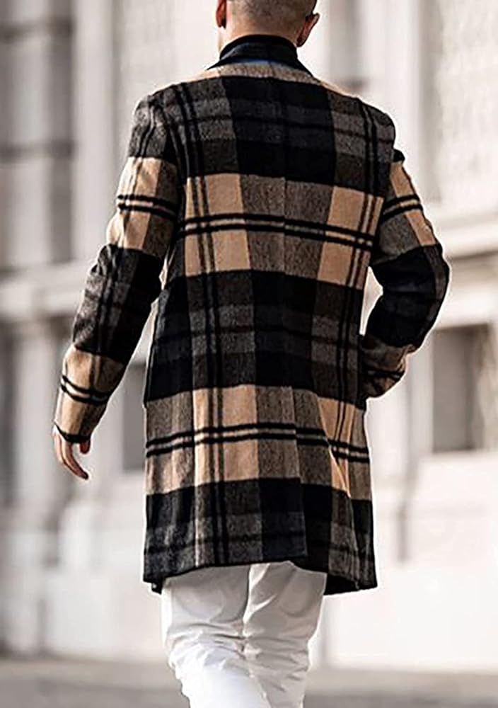 chouyatou Men's Casual Notched Collar Plaid Single Breasted Wool