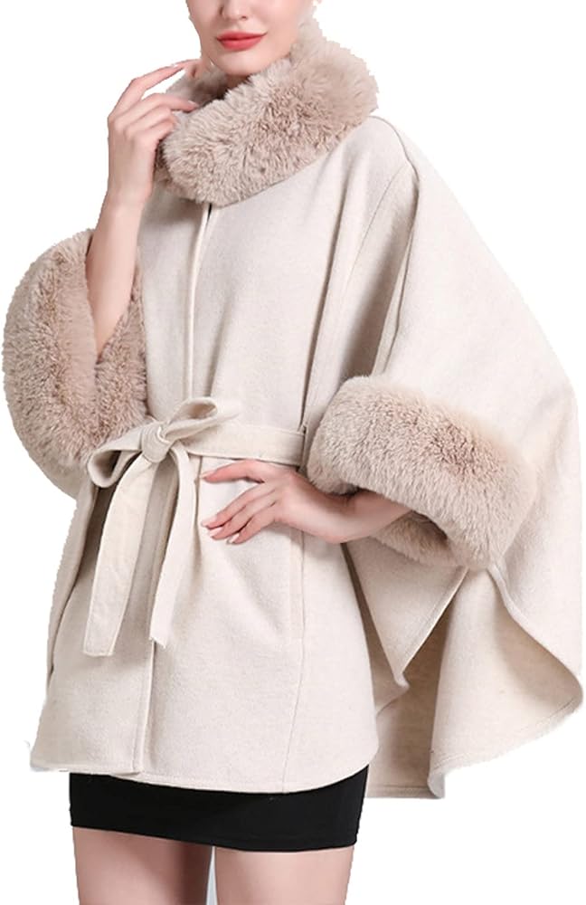 Women's Faux Fur Trim Open Front Cardigan Cloak Poncho Winter Wool