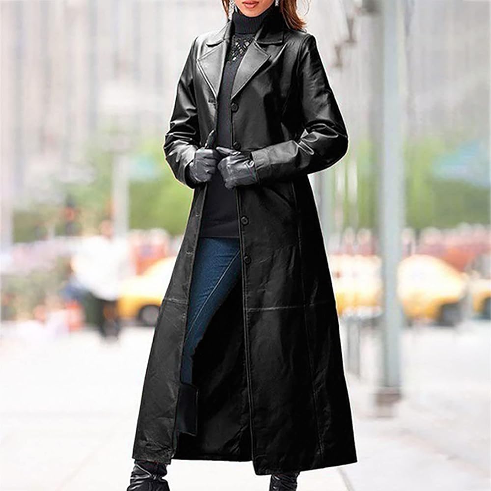 HGps8w Women's PU Faux Leather Maxi Jacket Casual Solid Long