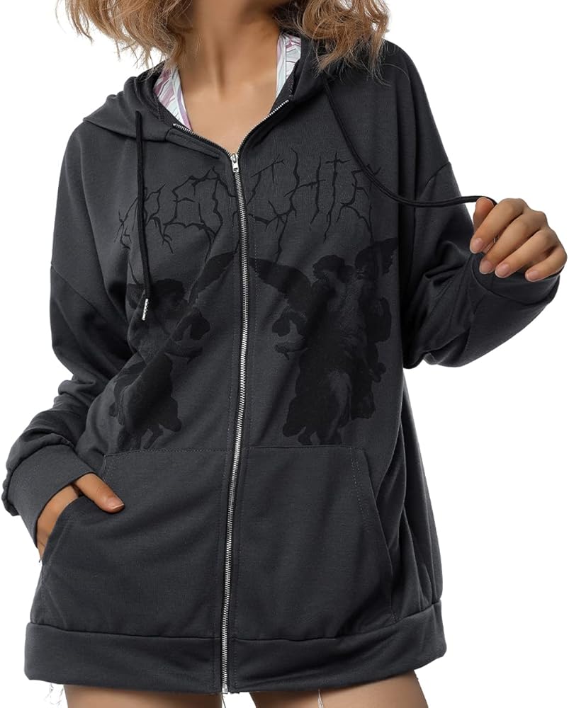 SOLILOQUY Women Zip Up Hoodie Y2k Vintage Graphic Oversized Hooded