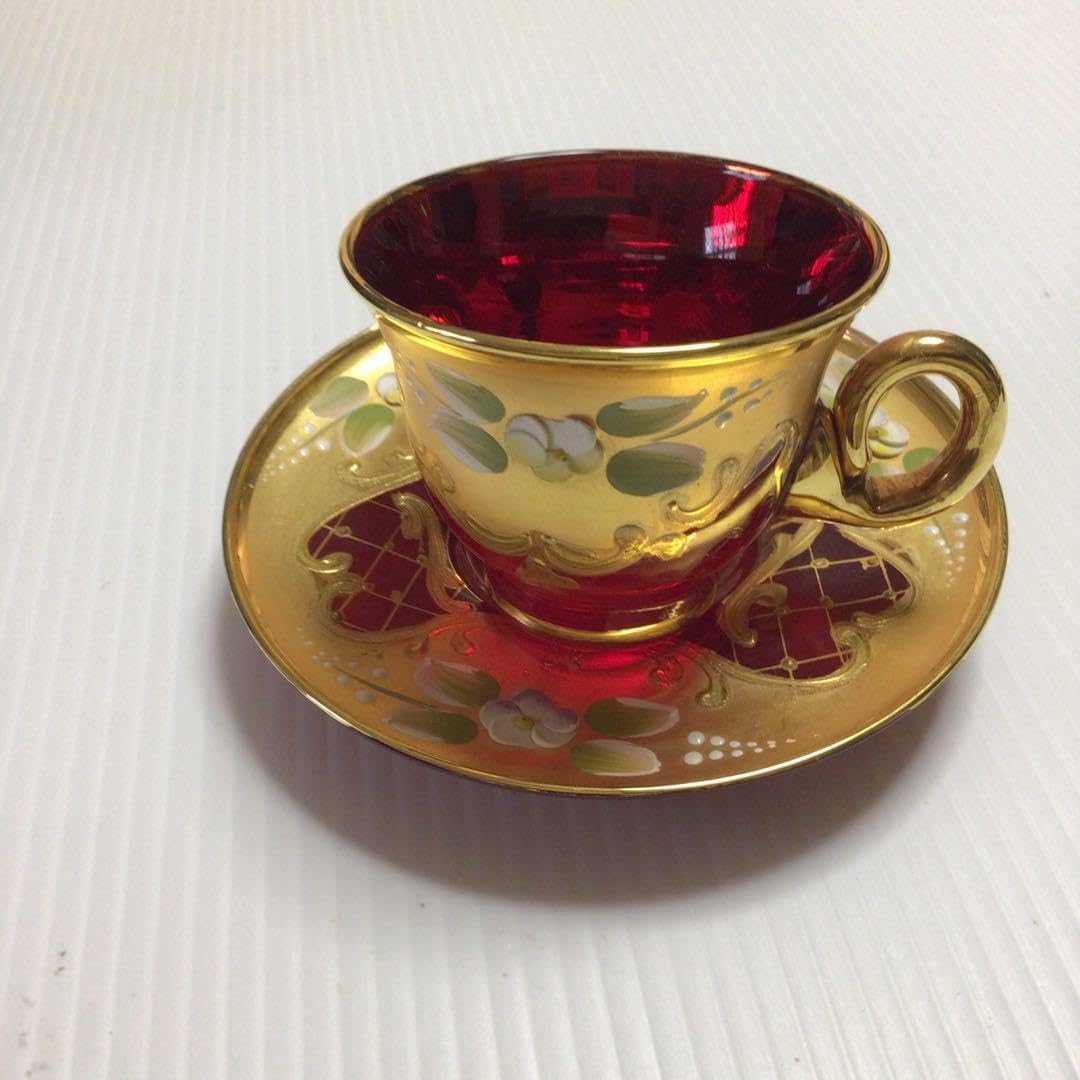 ベネチアングラス 赤と金の花柄ティーセット ベネチア 赤と金彩 ティー
