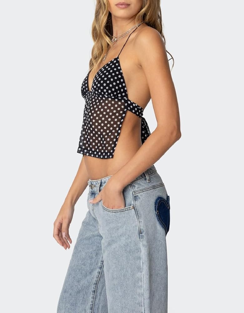 Women Y2K Cami Tank Top Polka Dot Sleeveless V Neck Crop Top Sexy