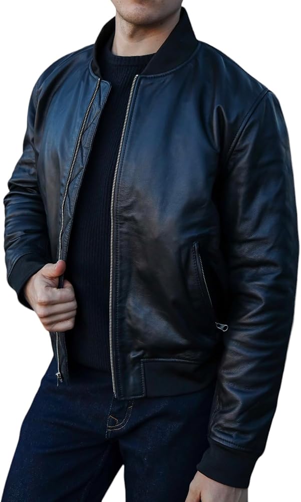 Ovlan Mens Bomber Black Leather Jacket - Full Grain Premium Cow