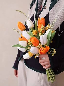 Amazon.co.jp: オレンジ ウェディング ブーケ手作り造花チューリップ草