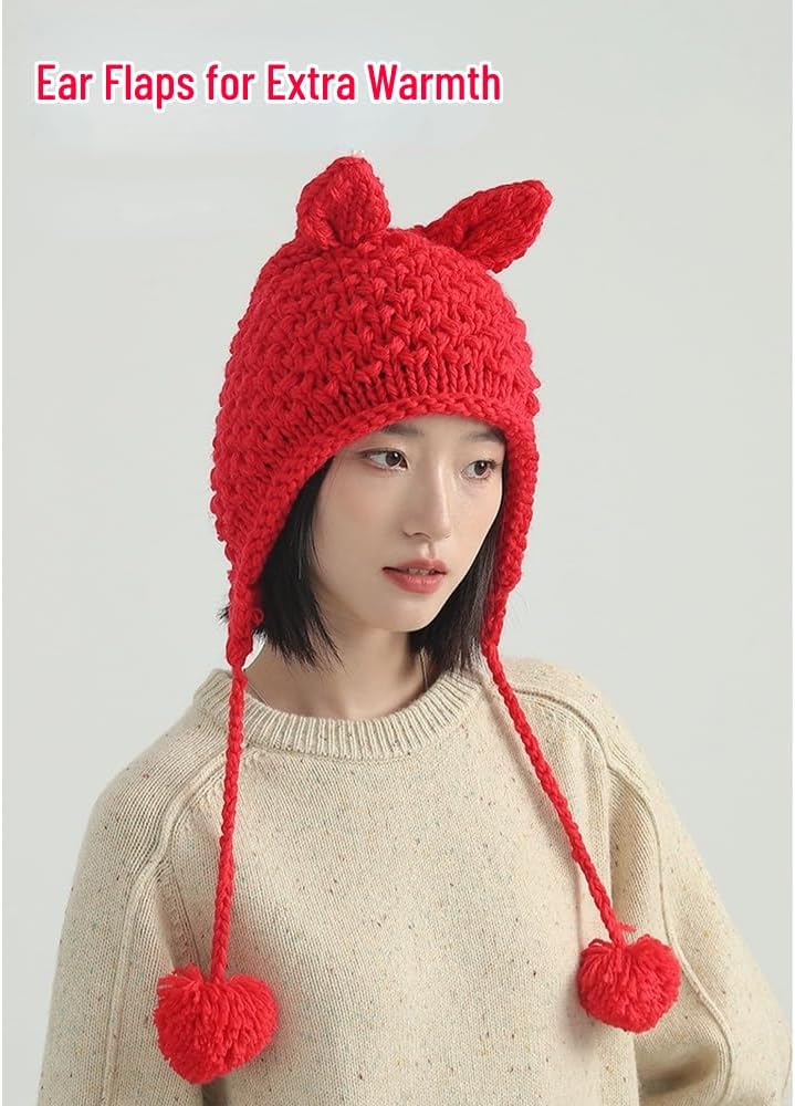 Christmas Red Knit Beanie Hat with Ear Flap Women Novelty Winter