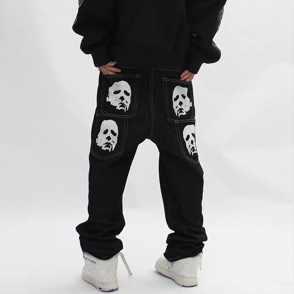 Hip Hop Gothic Denim Pants Streetwear Mens Graphic Print Baggy