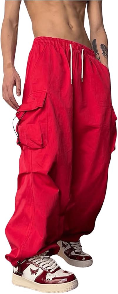 OYOANGLE Men's Baggy Cargo Pants Elastic Drawstring Waist Flap