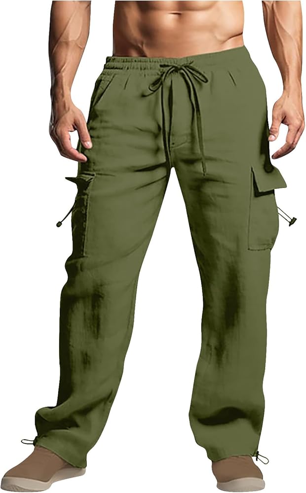Amazon.com: Drawstring Cargo Pants for Men Cotton Linen Summer