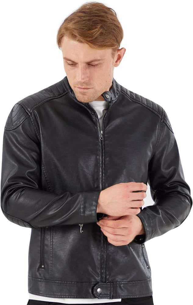 WULFUL Men's Stand Collar Leather Jacket Motorcycle Lightweight