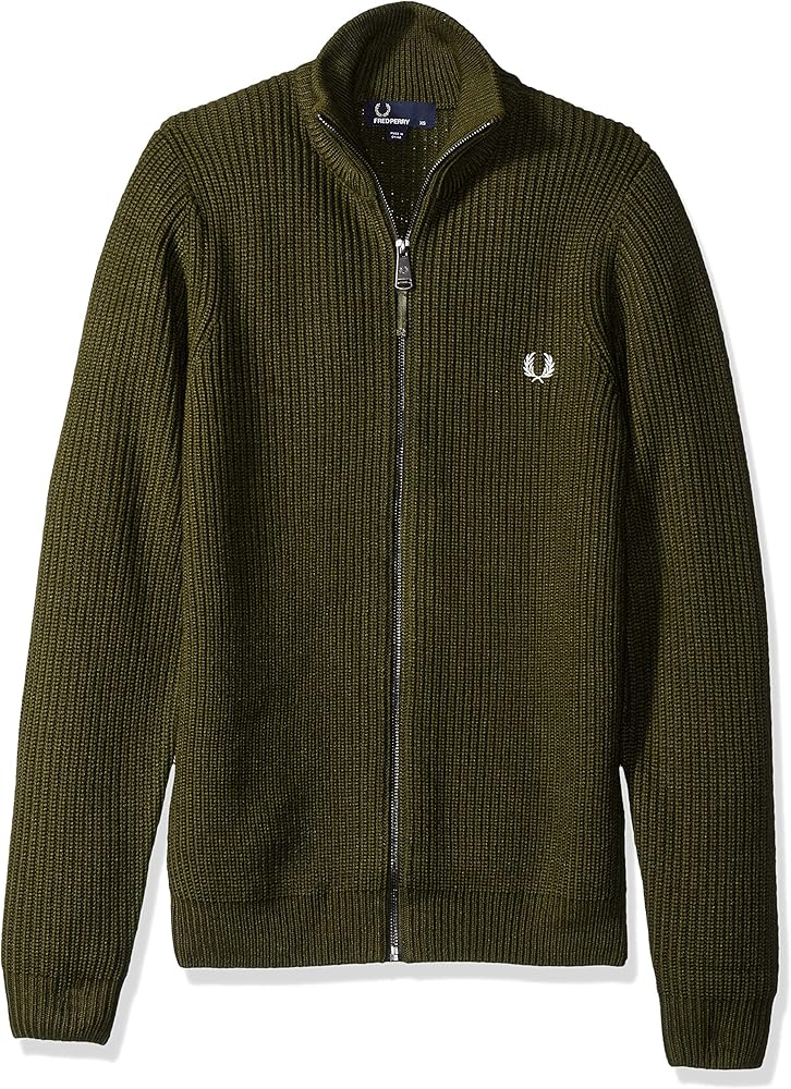 Fred Perry Men's Zip Through Rib Cardigan, Dark sage, X-Small at