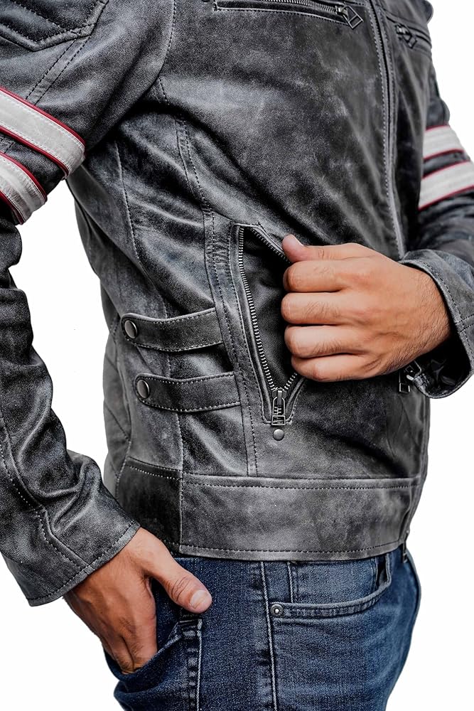 Oxdire Cafe Racer Retro Vintage Distressed Grey Stripes Sleeves