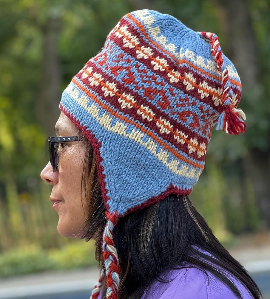 KayJayStyles Nepal Hand Knit Ear Flaps Beanie Skull Ski 100% Wool