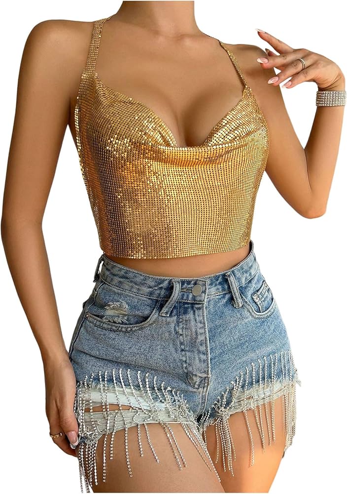 SOLY HUX Women's Metallic Cowl Neck Halter Top Backless Chain