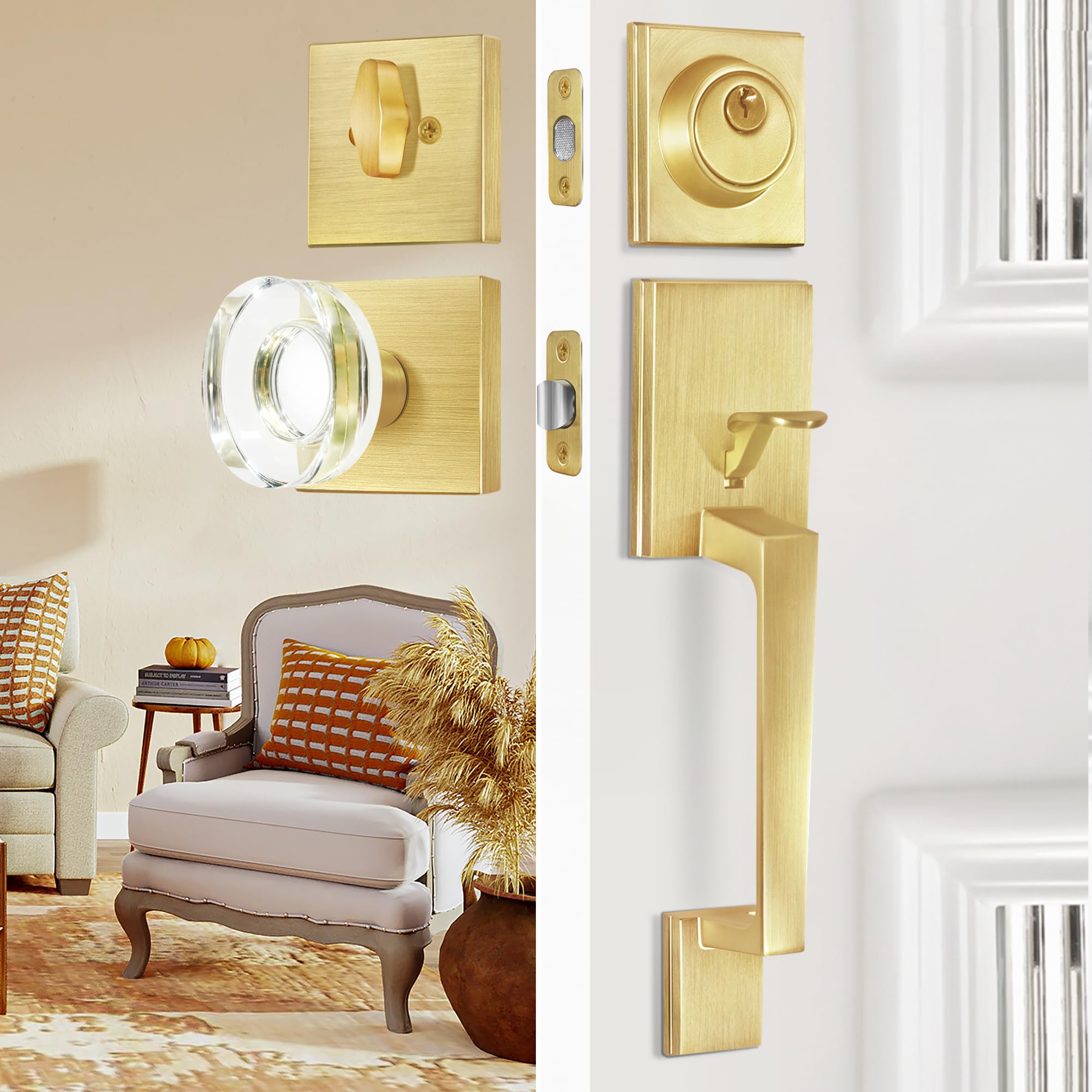 BonKuDoo Satin Brass Front Door Handle and Single Cylinder