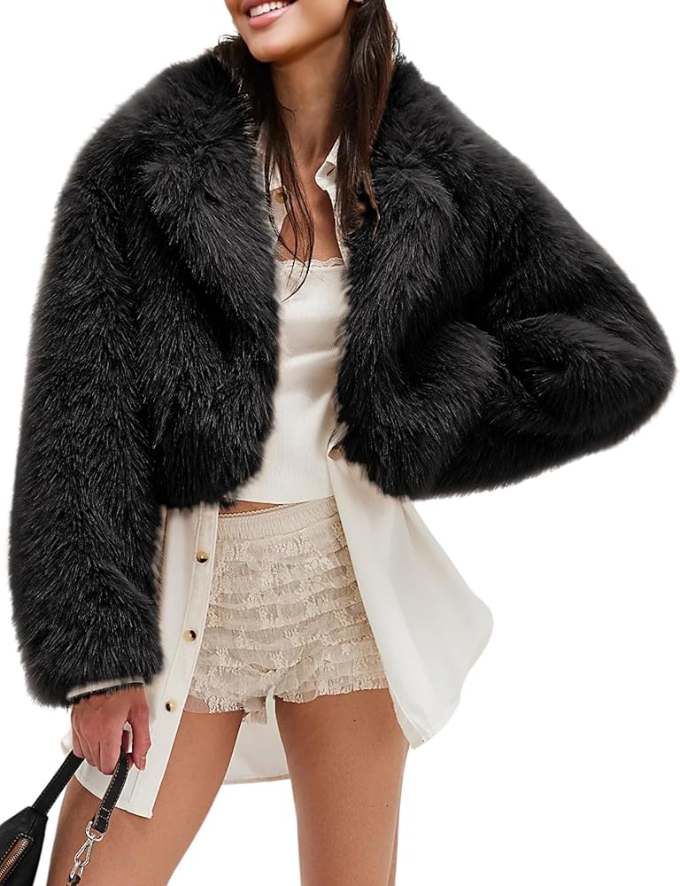 Gozoloma Women's Faux Fur Jacket Long Sleeve V Neck Collared