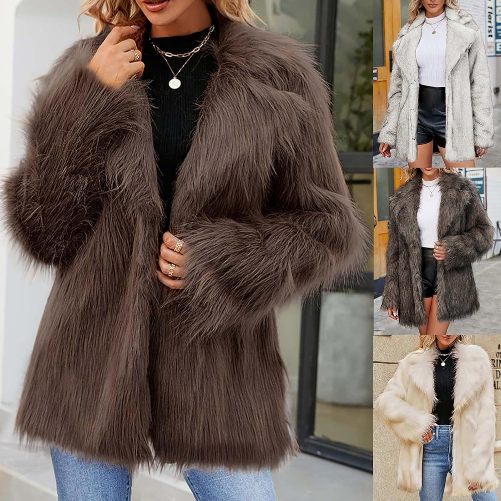 Amazon.com: HGps8w Luxury Faux Fur Coat for Women Lapel Open Front