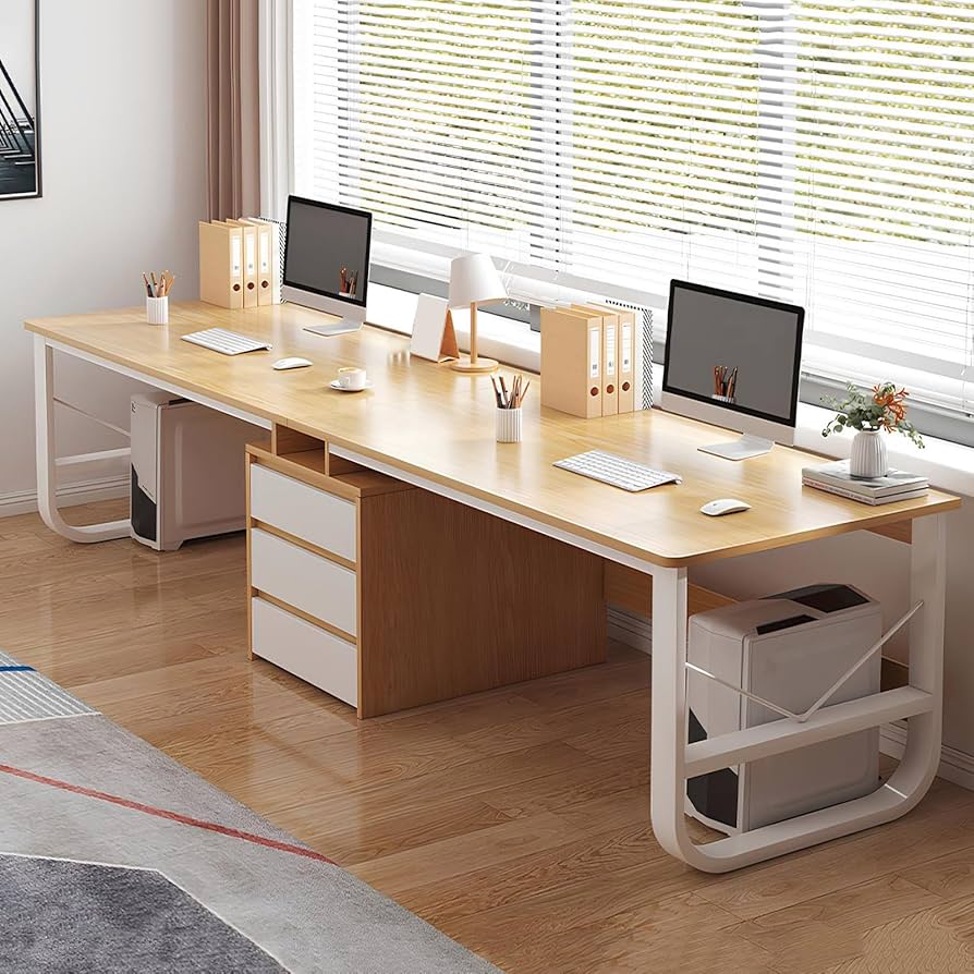 Amazon | 2人用オフィスデスク、引き出し3つ付き、大型木製ダブル