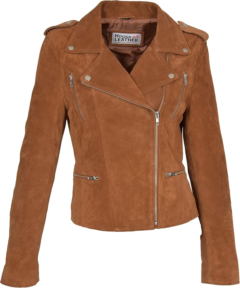A1 FASHION GOODS Womens Genuine Suede TAN Biker Jacket Girls X-Zip