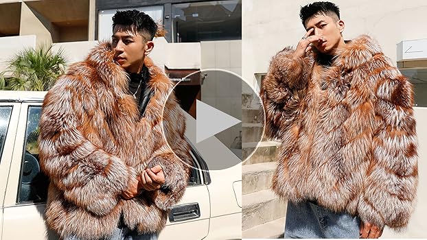 Denny&Dora Men's Hooded Fox Fur Jacket - Winter Warmth in Brown