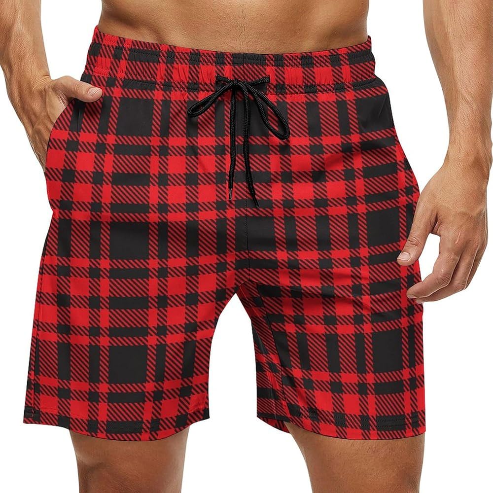 Men's Red Tartan Plaid Pattern Graphic Drawstring Shorts, S at
