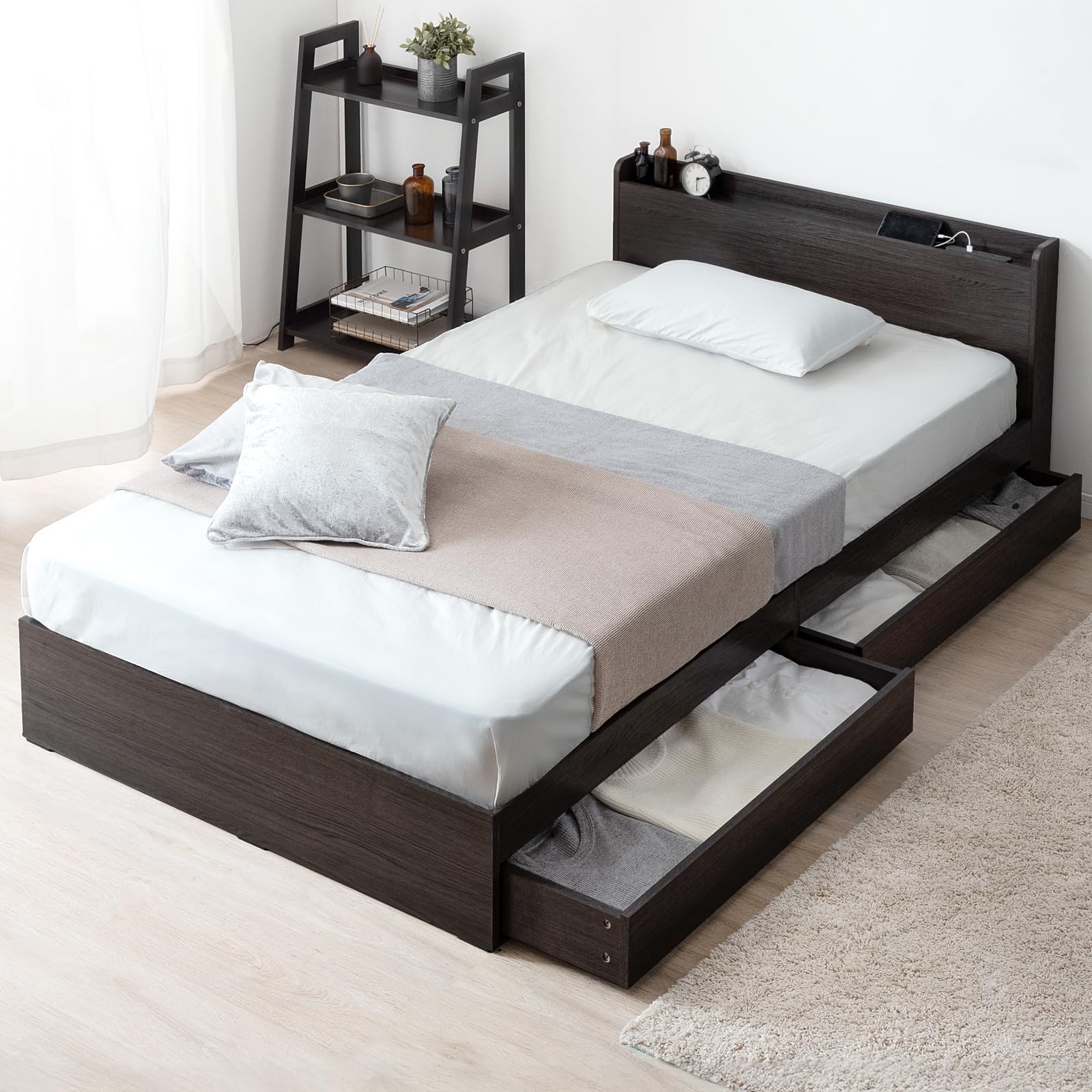 Amazon｜タンスのゲン ベッド 収納 セミダブル スマホスタンド 2口