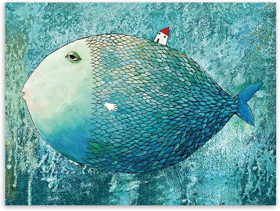 Amazon.co.jp: キャンバス絵画現代水彩大きな魚小さな家北欧シンプルな