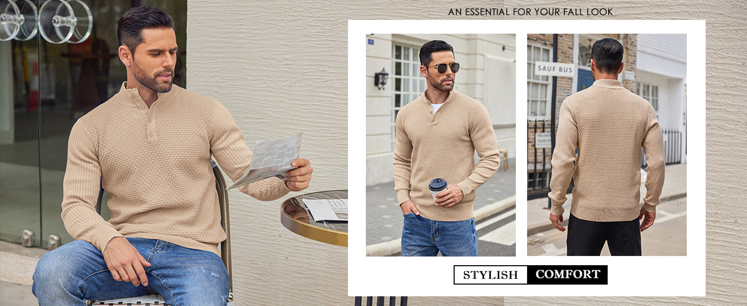 COOFANDY Mens Knit Pullover Sweater Mock Neck Button Sweater
