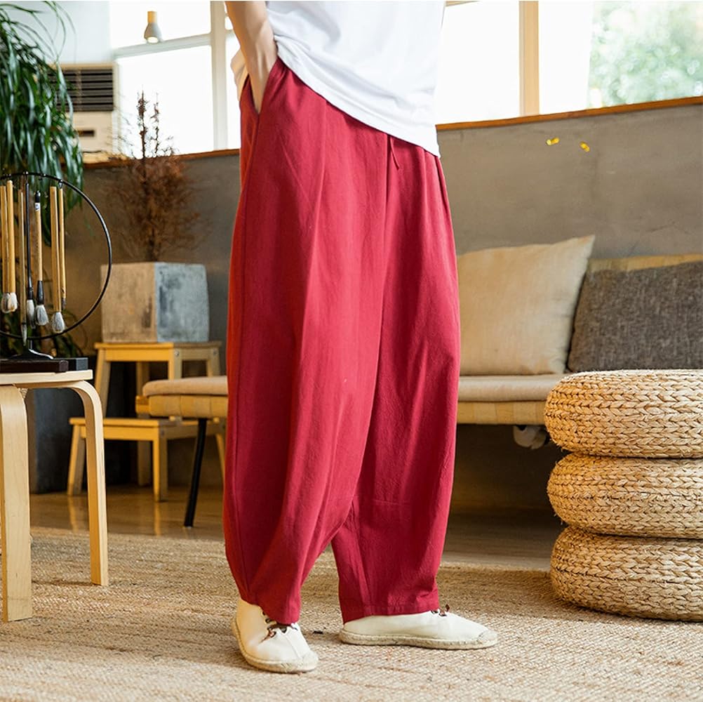 Amazon | [ランボ] サルエルパンツ ワイドパンツ メンズ 無地 綿麻