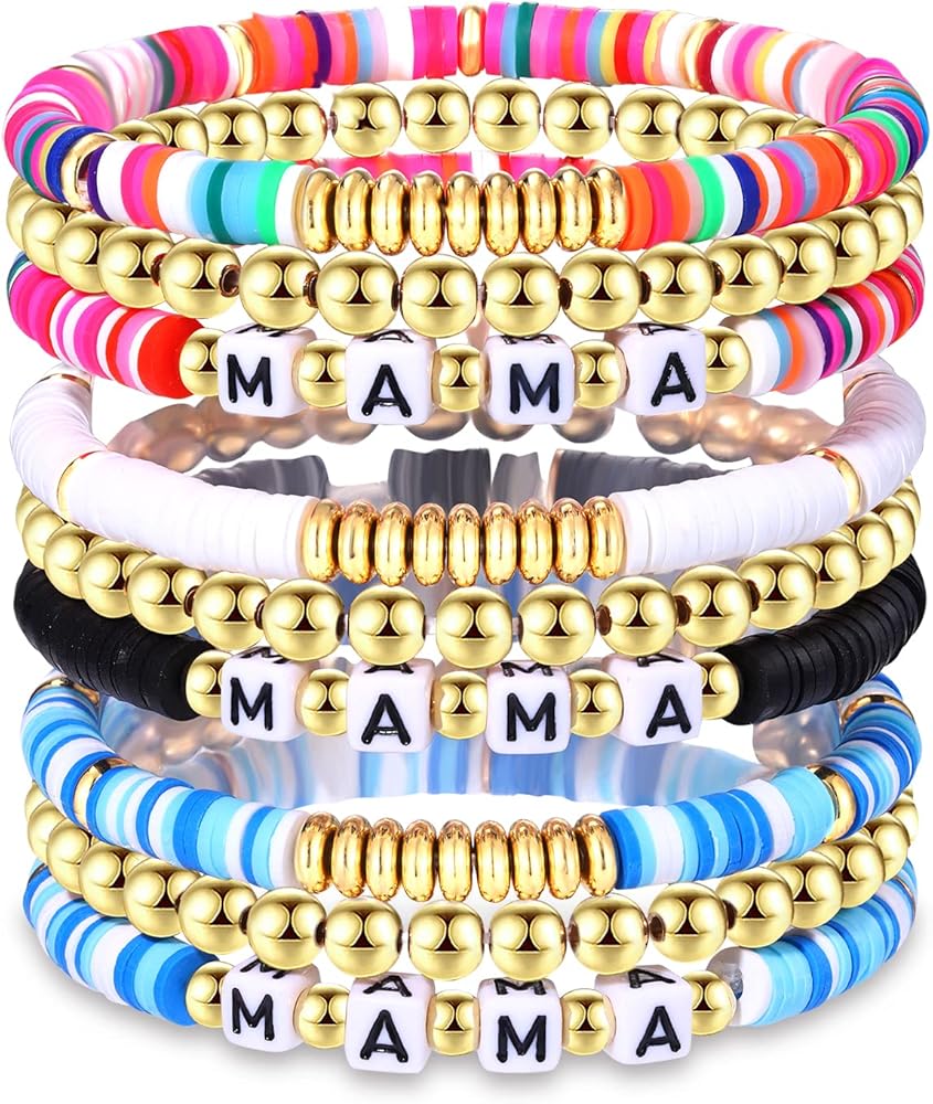 HZEYN 9 Pack MAMA Heishi Bracelet Set Stackable Heishi Clay Beaded