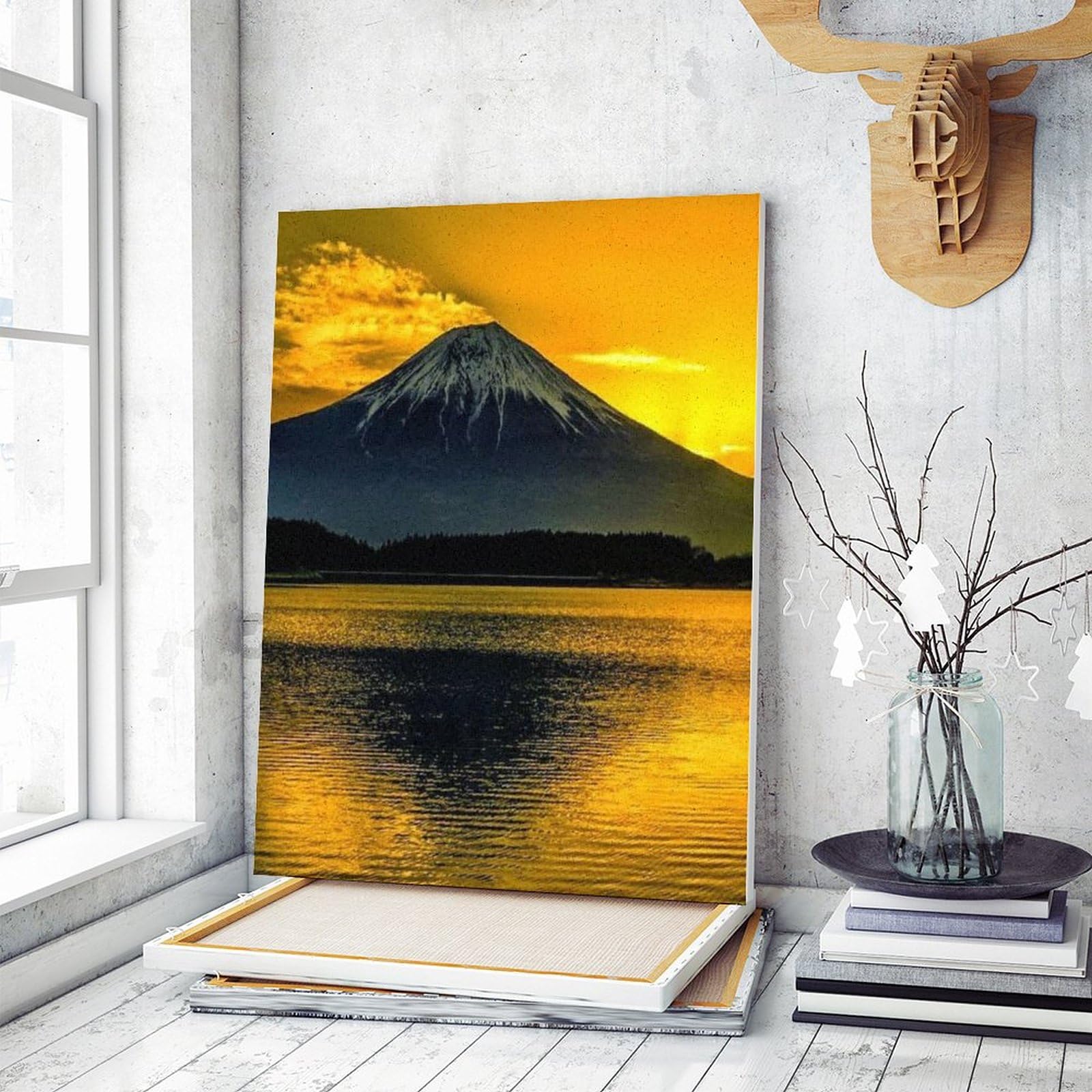 Amazon | 富士山と湖の夕日 数字油絵 キラキラした水の反射 カラフルな