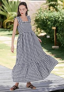 chouyatou Women's Retro Plaid Smocked Dress Spaghetti Strap