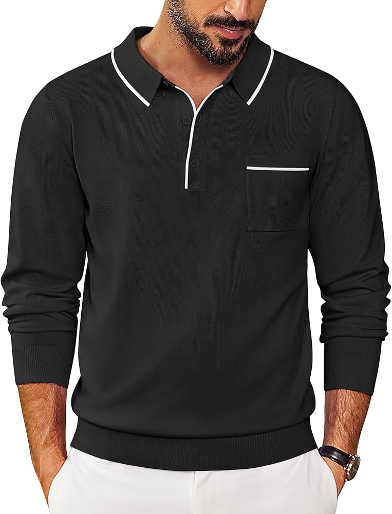 COOFANDY Knitted Long Sleeve Polo Men Banded Bottom Collared