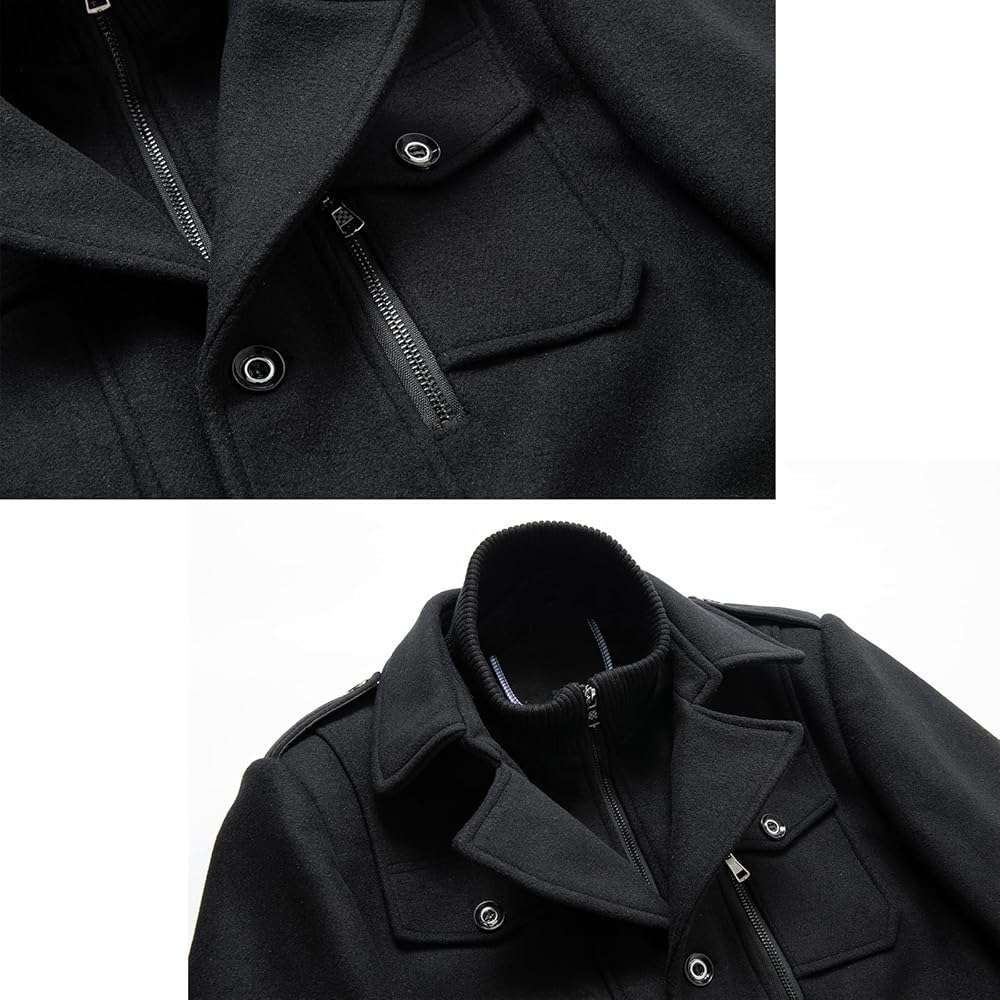 INVACHI Men's Wool Blend Coat Double Collar Trench Coat Single