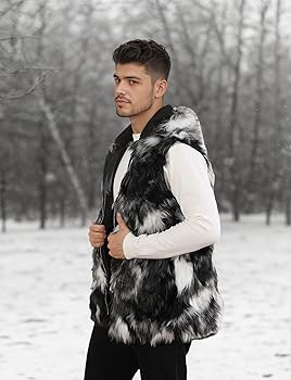Idopy Men`s Luxury Faux Fur Hoodie Coats Sleeveless Jacket Vest