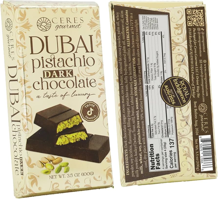 Amazon.com : Ceres Gourmet Dubai Chocolate Bar Pistachio 3.5 Oz