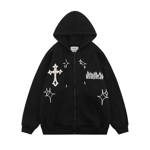 YUNZSXJY Womens Men Zip Up Grunge Hoodie Cross Print Jacket