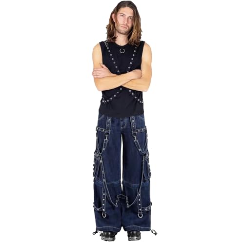 Men Gothic Blue Jeans Bondage Pant Zip Strap Punk Rock Emo