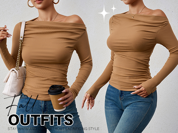 ZESICA Womens Off Shoulder Long Sleeve Tops 2026 Spring Casual