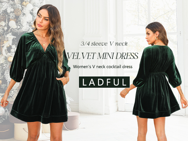 Amazon.com: Ladyful Womens V Neck Velvet Dress 3/4 Sleeve Velour